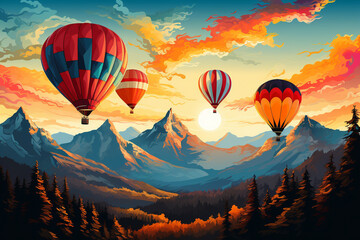 Vivid scene of hot air balloons gracefully drifting through the sky, set against a stunning mountain landscape. Ai generated