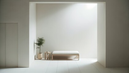 In a pristine white room, a solitary bench and vibrant houseplant stand against the plaster walls, inviting one to sit and admire the simplistic yet elegant design of the indoor space