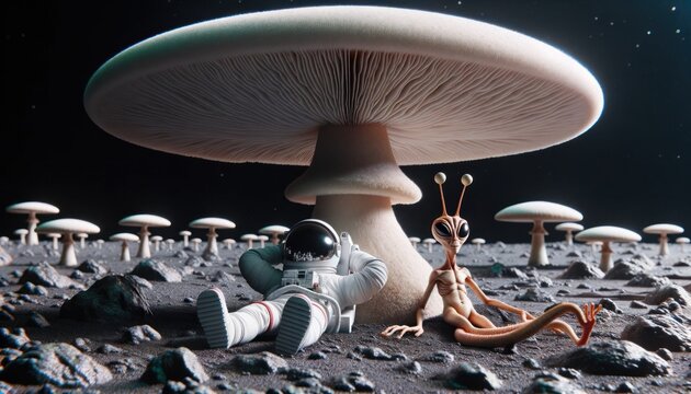 Amidst a sea of agaricaceae and towering fungus, an intrepid astronaut finds solace on a humble mushroom, grounded in the wild beauty of the outdoors