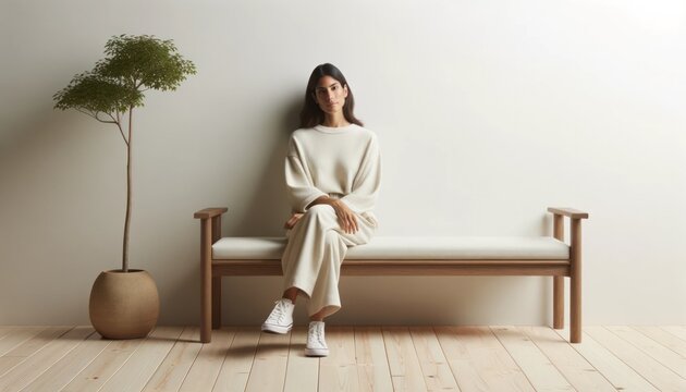 A fashionable woman, clad in a luxurious robe and stylish footwear, sits gracefully on a wooden bench against a wall adorned with a vibrant houseplant and flowerpot, her poised presence adding a touc