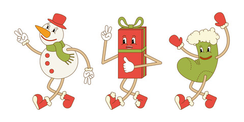 Trio of cartoon Christmas characters. Snowman, gift, Christmas stocking.Vector illustration in groovy retro style.