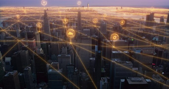 IOT Grid with Internet Icons Representing Cloud Computing, Gaming, Navigation, Settings, Wifi Services, Online Technology, Network, Etc. Aerial Drone Footage of New York City in the Afternoon