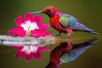 Fototapeta premium hummingbird speaking to its reflection in a flower petal