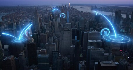 Aerial View of New York City with Augmented Reality Visualization with Digital Signal Bouncing From One Office Building to Another, Connecting the Whole Urban Area to a Global Online Network - Powered by Adobe