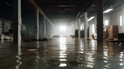 Aftermath of a flood inside a warehouse water damaged industrial building