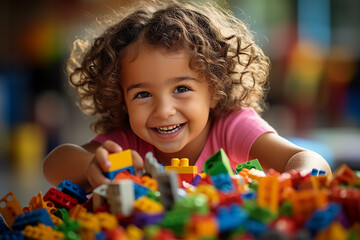 Joyous moment of a kid engrossed in play, creating a world of wonder with vibrant and colorful lego pieces. Ai generated - obrazy, fototapety, plakaty