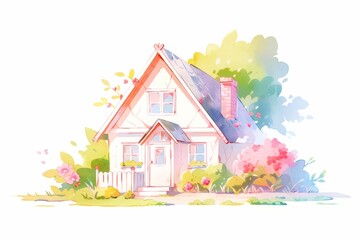 Cute cozy house hand drawn watercolor illustration.