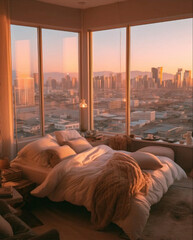 modern Ashgabat city with a with beautiful tall white marble buildings view from bed, in the style of aesthetic, light amber, pop inspo, snapshot aesthetic, dusty piles, comic book-like, soft lighting - obrazy, fototapety, plakaty