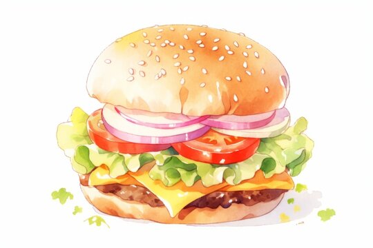 Watercolor burger hand drawn illustration.