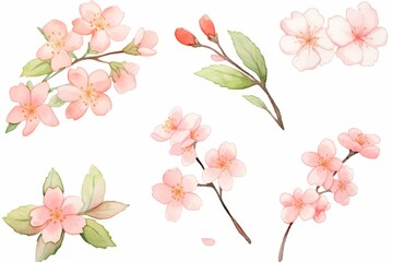 Fototapeta na wymiar Branch of cherry blossom hand drawn watercolor illustration.