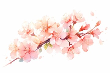 Branch of cherry blossom hand drawn watercolor illustration.