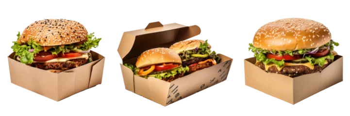 Deurstickers Hamburger in a box, take away food, different versions, isolated © Teppi
