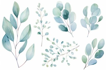 Green leaf eucalyptus branches hand drawn watercolor illustration.