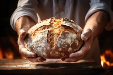 Beautiful Rye bread in bakers hands at rustic bakery. Flour on hands.
