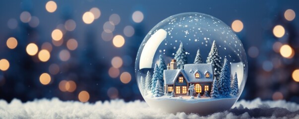 Beautiful snow globe with Christmas tree and house inside - obrazy, fototapety, plakaty
