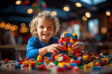 Joyous moment of a kid engrossed in play, creating a world of wonder with vibrant and colorful pieces. Ai generated