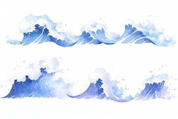 Set of water wave hand drawn watercolor illustration.
