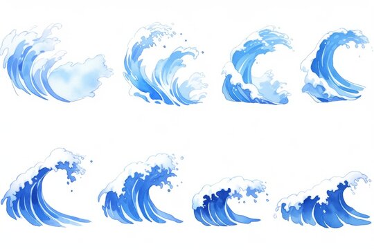 Set of water wave hand drawn watercolor illustration.