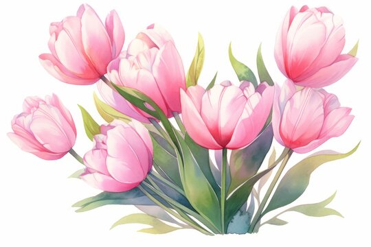 Tulips flower hand painted watercolor illustration.
