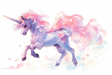 Cute fairy unicorn hand painted watercolor illustration. - obrazy, fototapety, plakaty