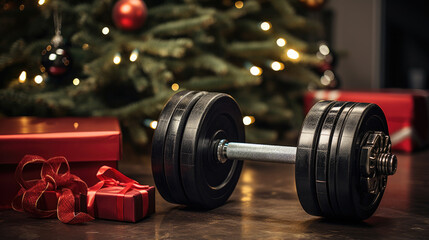 Dumbbells and a gift under the Christmas tree. - obrazy, fototapety, plakaty