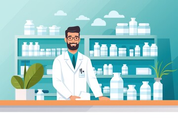Illustration of a male pharmacist at a pharmacy - obrazy, fototapety, plakaty