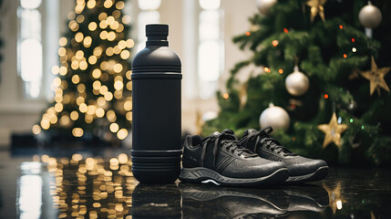 Sneakers and a gift under the Christmas tree. - obrazy, fototapety, plakaty