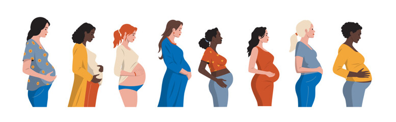 Pregnant women set. Woman expectant baby, mother holding newborn, multicultural motherhood with diverse clothes and accessories. Vector set - obrazy, fototapety, plakaty