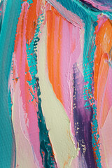 Closeup of abstract rough colorful art painting texture, with oil brushstroke, pallet knife paint on canvas, complementary colors.