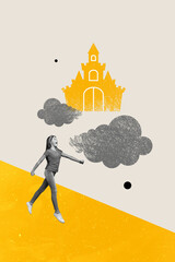Vertical collage of astonished excited black white colors girl painted castle sky clouds isolated on creative background