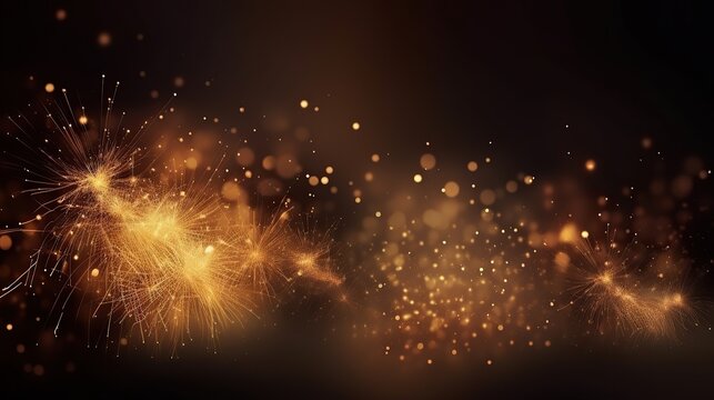 Gold fireworks explosion in night sky. Black background.