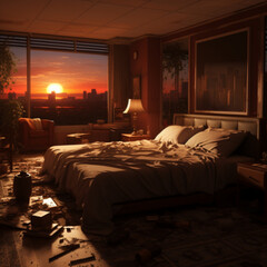 Generative AI,3d rendering of a modern bedroom with a view of the city