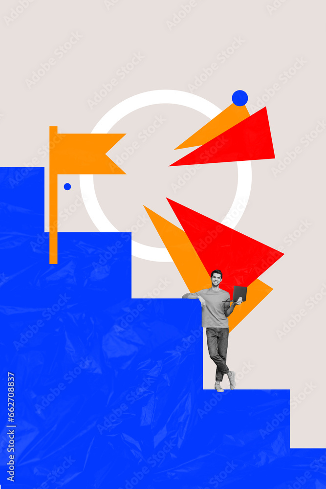 Poster vertical collage of mini black white effect guy use netbook stand climb stairs target flag goal isol