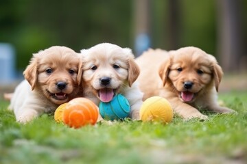 group of puppies playing with toys