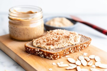 almond butter on whole grain toast, cinnamon sprinkle