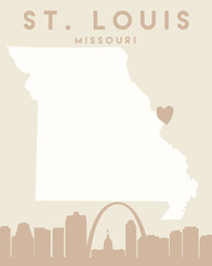 a silhouette poster of st louis city missouri on beige and pink