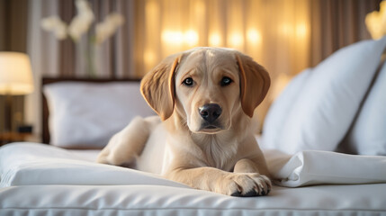 The dog is resting at the hotel.