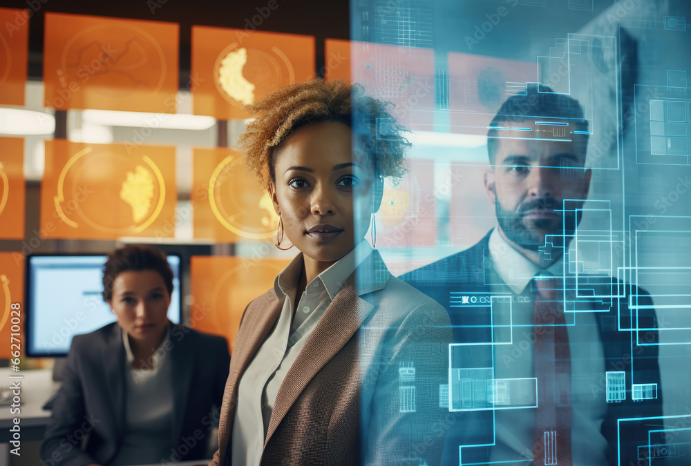 Poster portrait of business people in front of projection screen with graphs