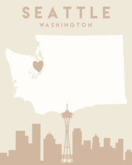 a poster with the seattle skyline and water tower in the middle