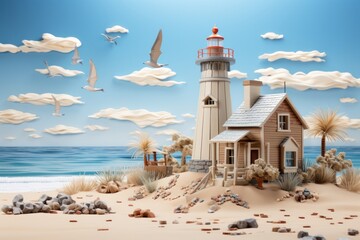 Coastal minimal cute house with a lighthouse nearby, a sandy beach, and seagulls in the sky,...