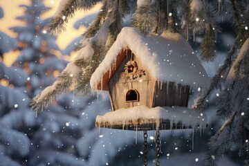 Beautiful Christmas winter background with snow covered bird house in winter forest - Powered by Adobe