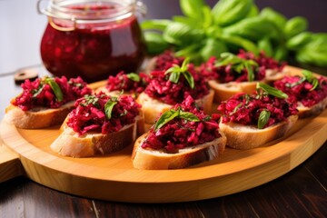 beetroot bruschetta spread out on a bamboo tray