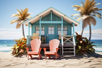  Coastal cottage-style minimal cute house with a wraparound porch, colorful beach chairs, and ocean waves in the background, Generative AI