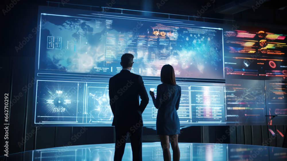 Poster rear view of two business people standing in front of large display with glowing charts and graphs d
