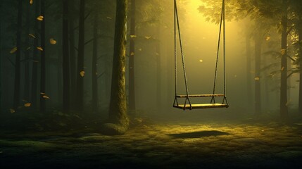 An empty swing swaying gently in a misty forest, surrounded by tall trees with leaves in vibrant shades of green and yellow, evoking a sense of solitude and nostalgia - obrazy, fototapety, plakaty