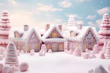 Christmas snowy background, winter landscape with gingerbread houses, candy land