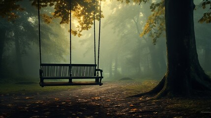 An empty swing swaying gently in a misty forest, surrounded by tall trees with leaves in vibrant shades of green and yellow, evoking a sense of solitude and nostalgia