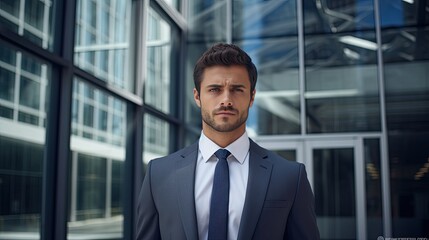 Fototapeta premium Model showcasing a sophisticated business attire, emphasizing confidence, set against a modern corporate building backdro