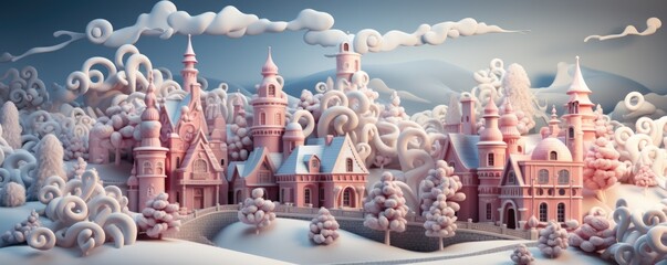 Christmas snowy background, winter landscape with gingerbread house city, candy land