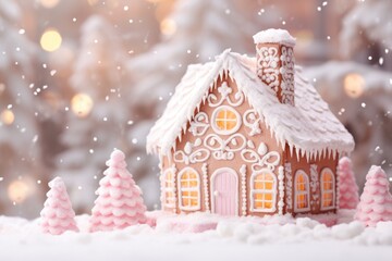 Christmas snowy background, winter landscape with gingerbread house, candy land